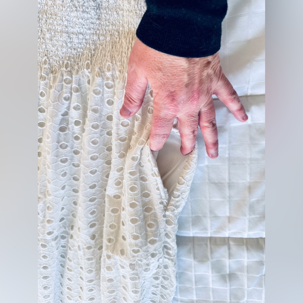 ANTHROPOLOGIE + FIGUE Madi Smocked Embroidered Eyelet Lace Maxi Dress w PomPoms - Picture 8 of 16
